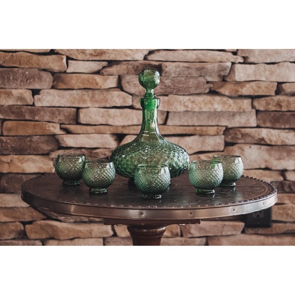 Italian Empoli Green Glass Decanter SetMid Century Entertaining Barware